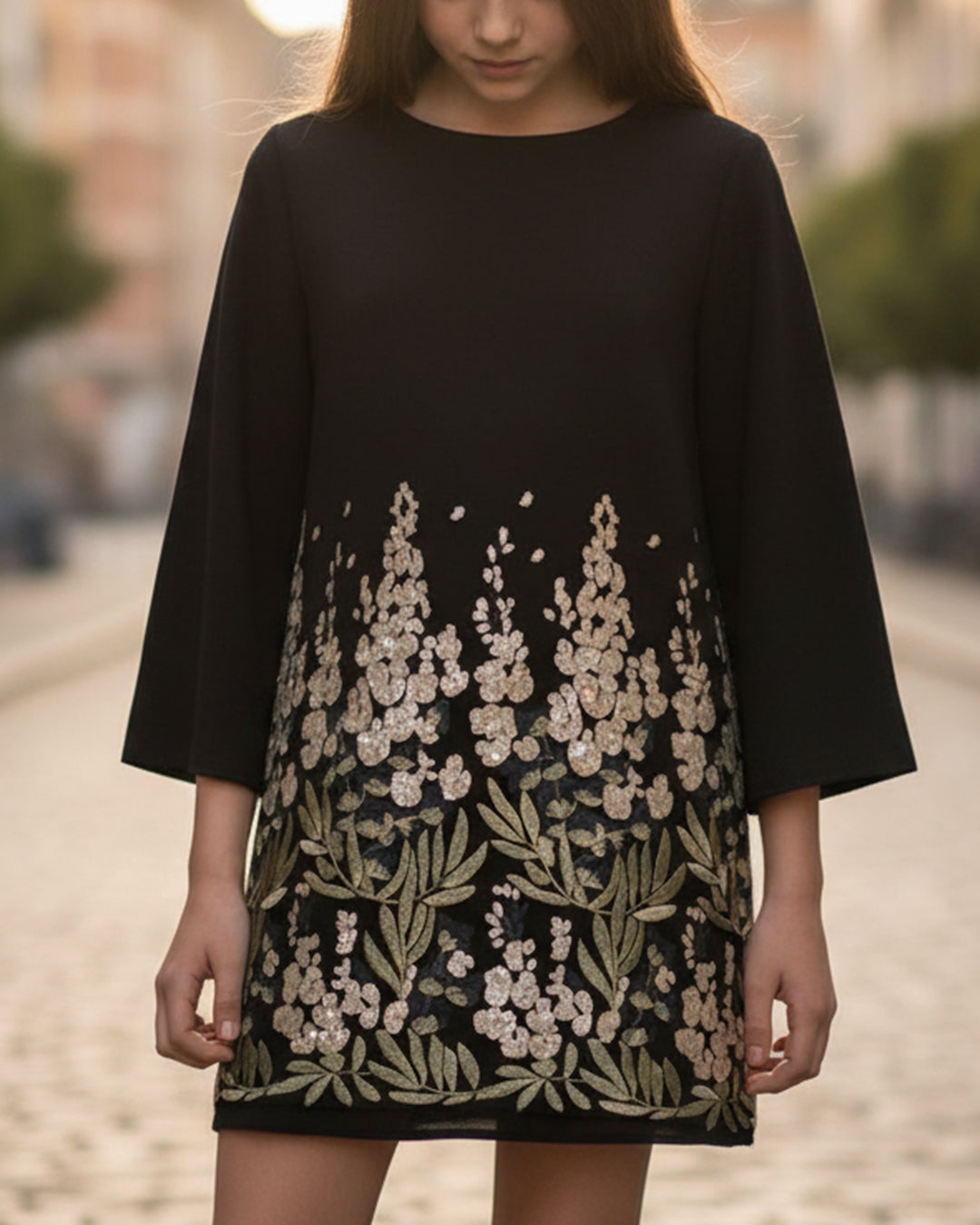 Ukay Find! Black Embroidered Bell-Sleeve Mini Dress