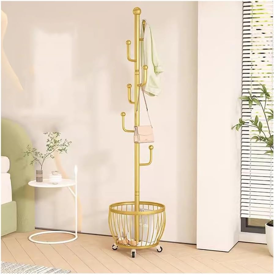 Metal Coat Rack with Storage Basket, 2-in 1 Garment Rack
