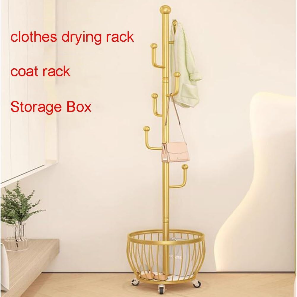 Metal Coat Rack with Storage Basket, 2-in 1 Garment Rack