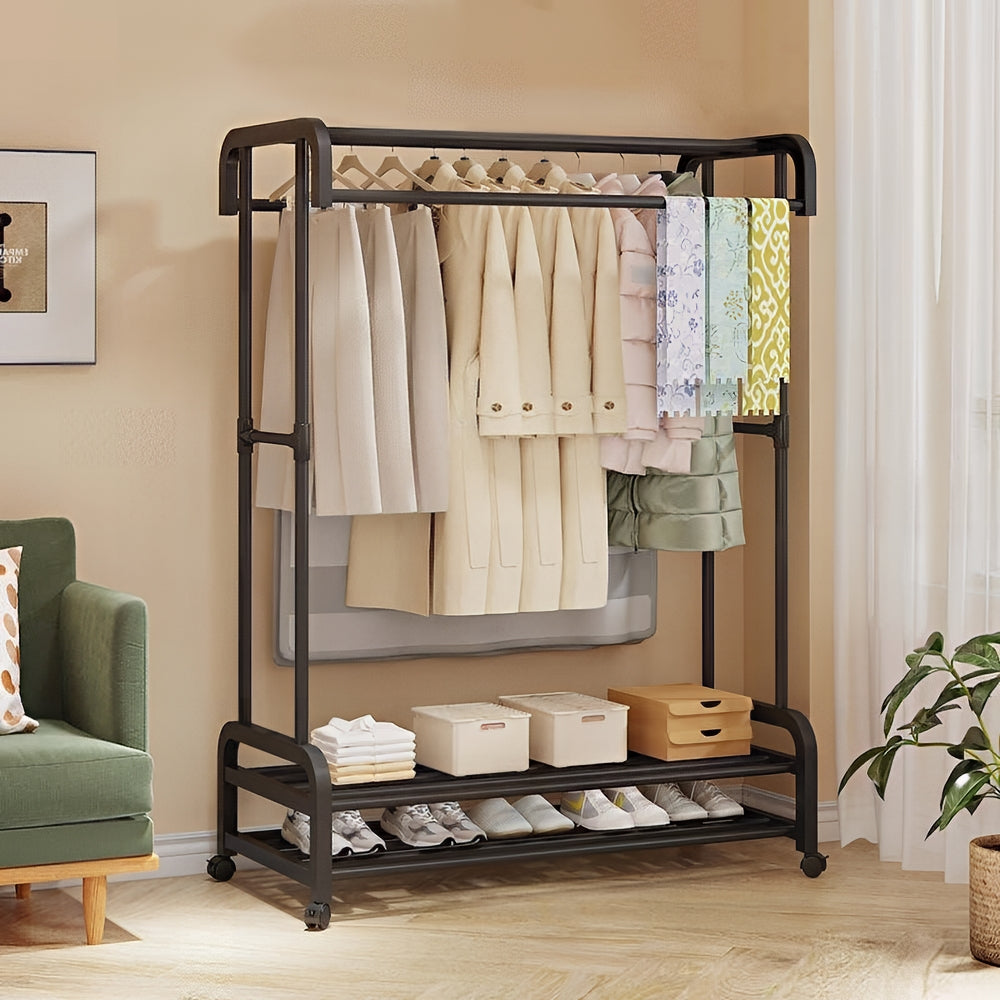 Double Rod Metal Clothes Rack with Storage Boxes for Shoes and Boots