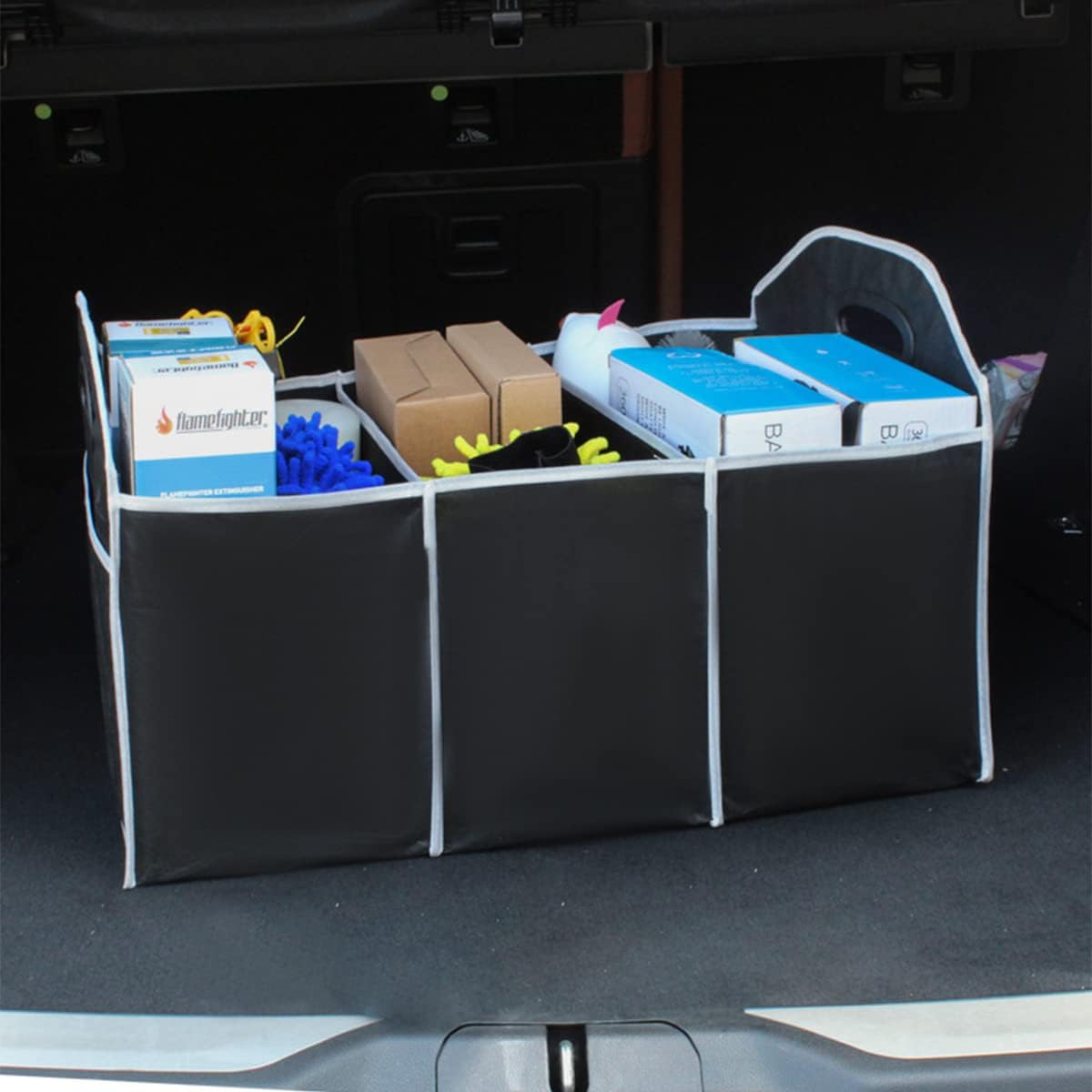 Car Trunk Organizer, Portable Foldable Waterproof Auto Storage Bag with 3 Compartments