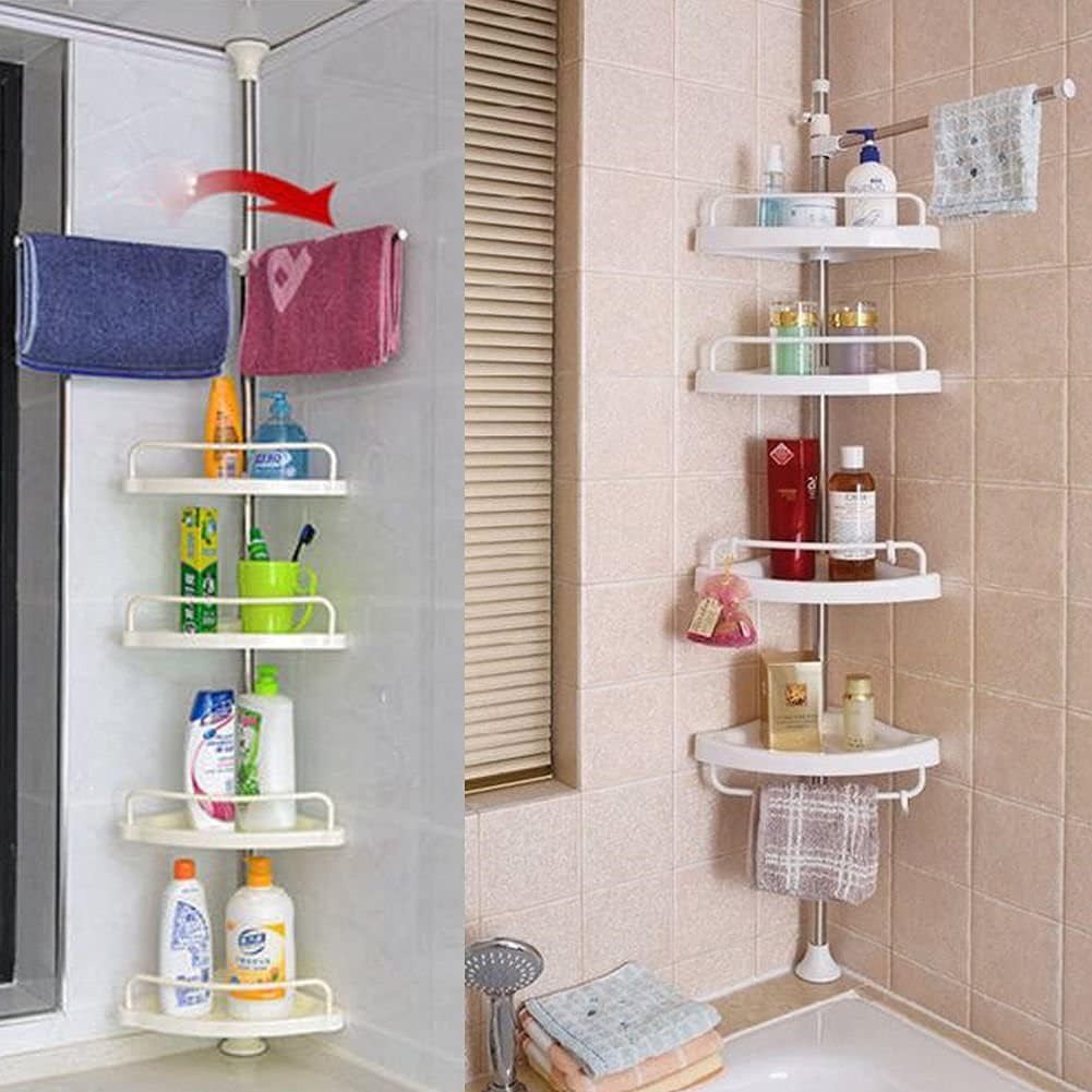 Shower Caddy Corner Tension Pole, Rustproof 4 Tier Adjustable Shower Shelf