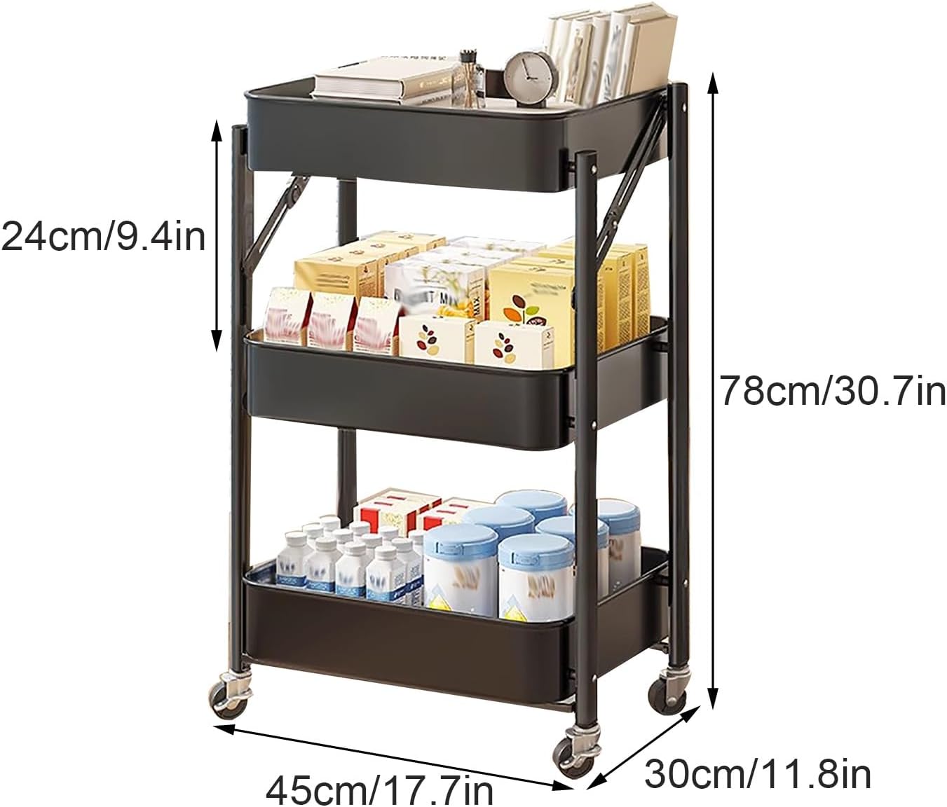 Kitchen Wagon, With Wheels, 3 Tiers, Foldable, Steel Rack