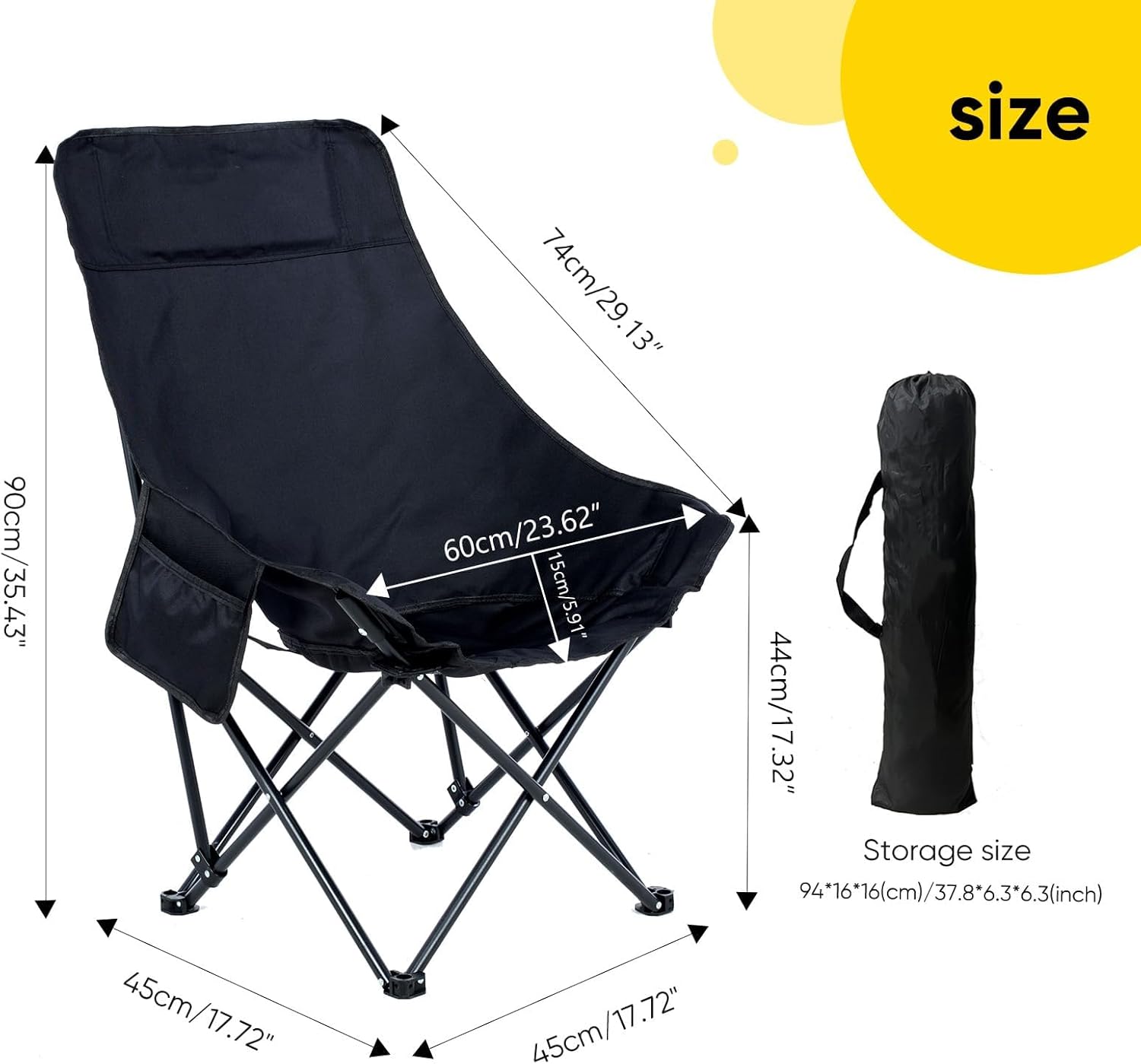 Portable Folding Camping Chair with High Back Upholstered Side Pocket Headrest