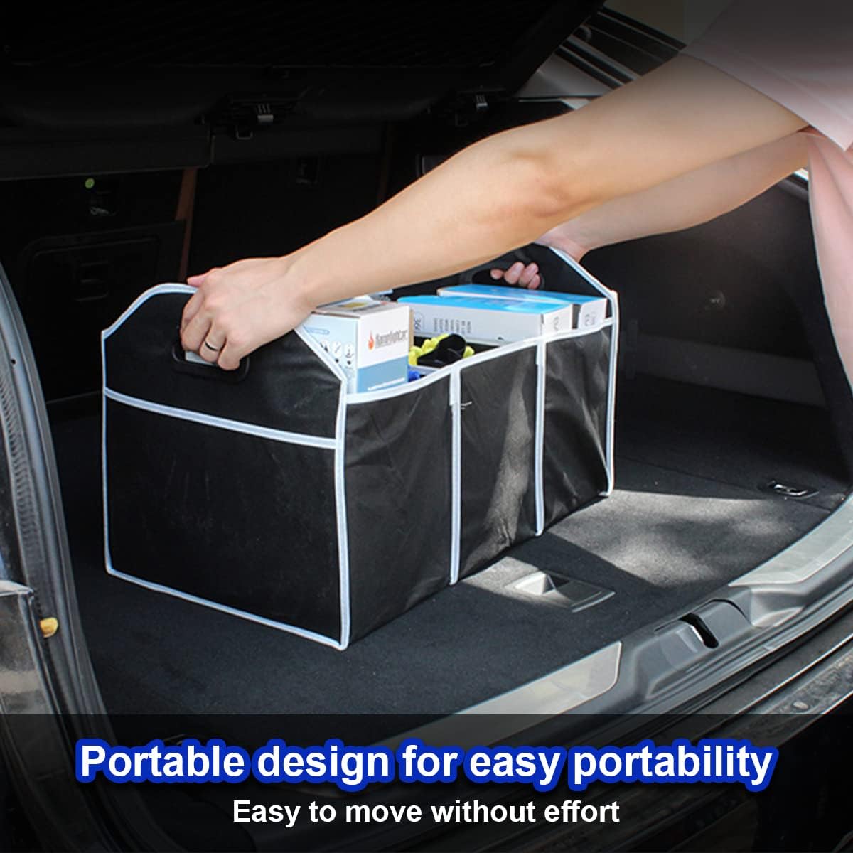 Car Trunk Organizer, Portable Foldable Waterproof Auto Storage Bag with 3 Compartments