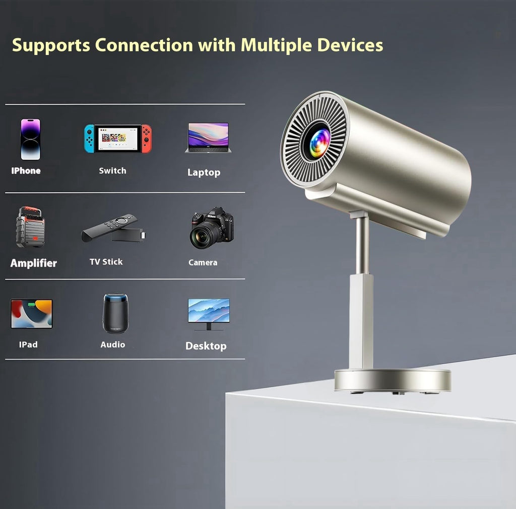 Portable Projector with Support 1080P FHD Integrated 90°Adjustable Stand Height Adjustment Foldable