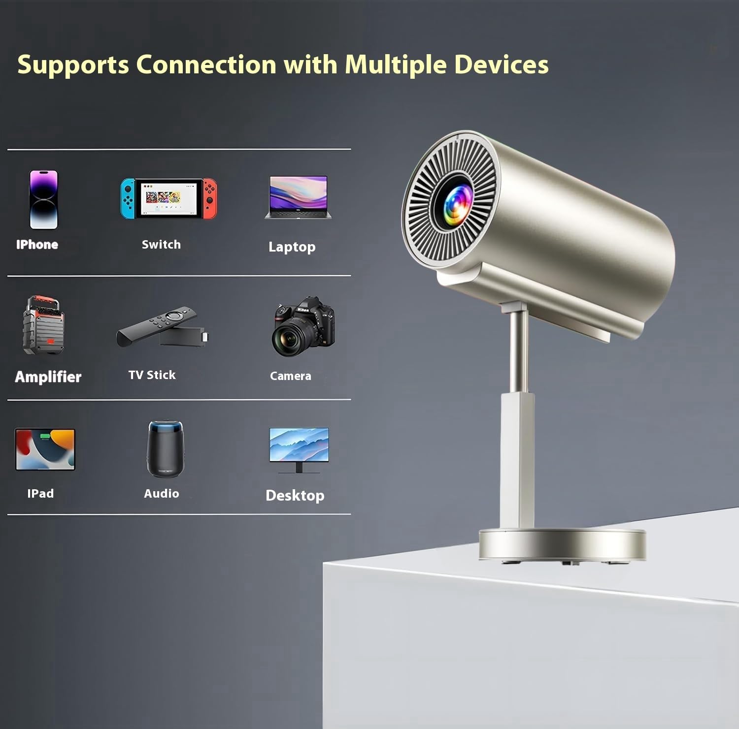 Portable Projector with Support 1080P FHD Integrated 90°Adjustable Stand Height Adjustment Foldable