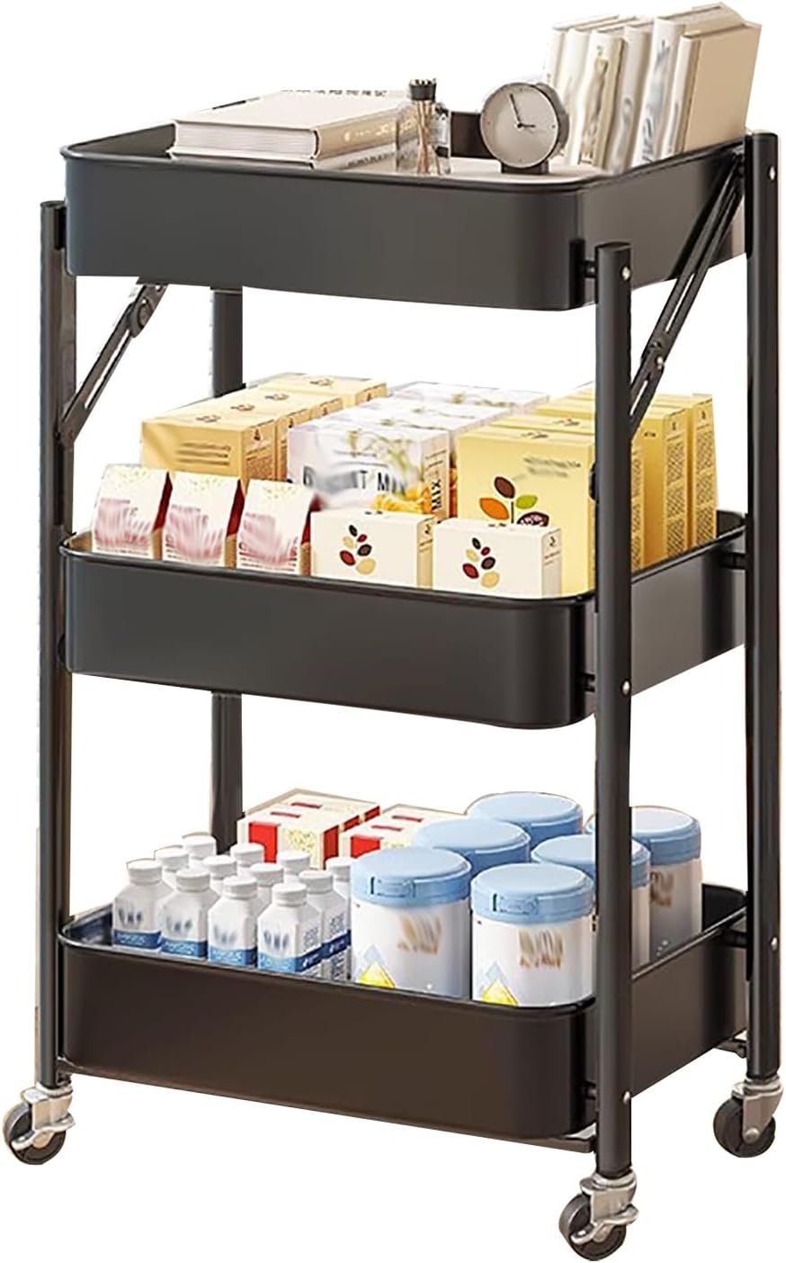 Kitchen Wagon, With Wheels, 3 Tiers, Foldable, Steel Rack