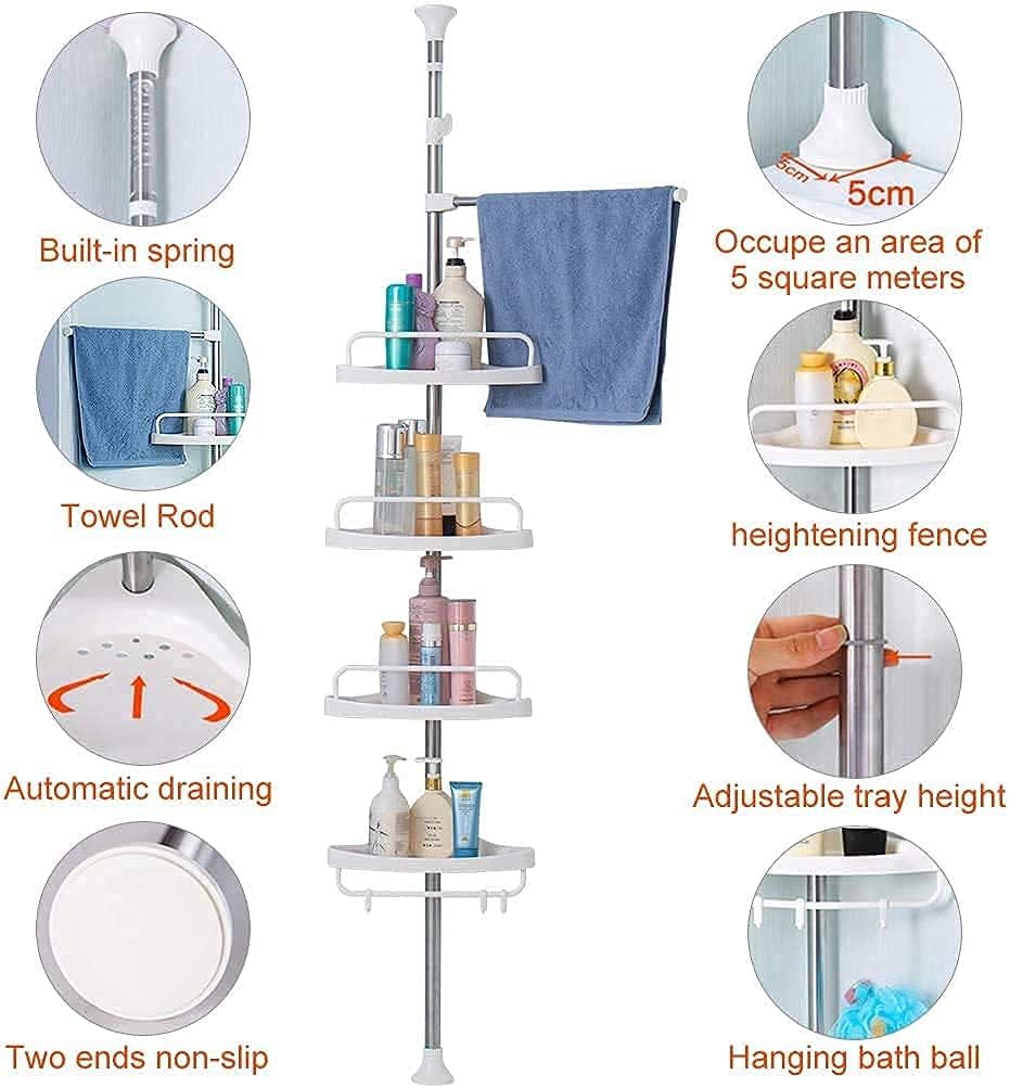 Shower Caddy Corner Tension Pole, Rustproof 4 Tier Adjustable Shower Shelf