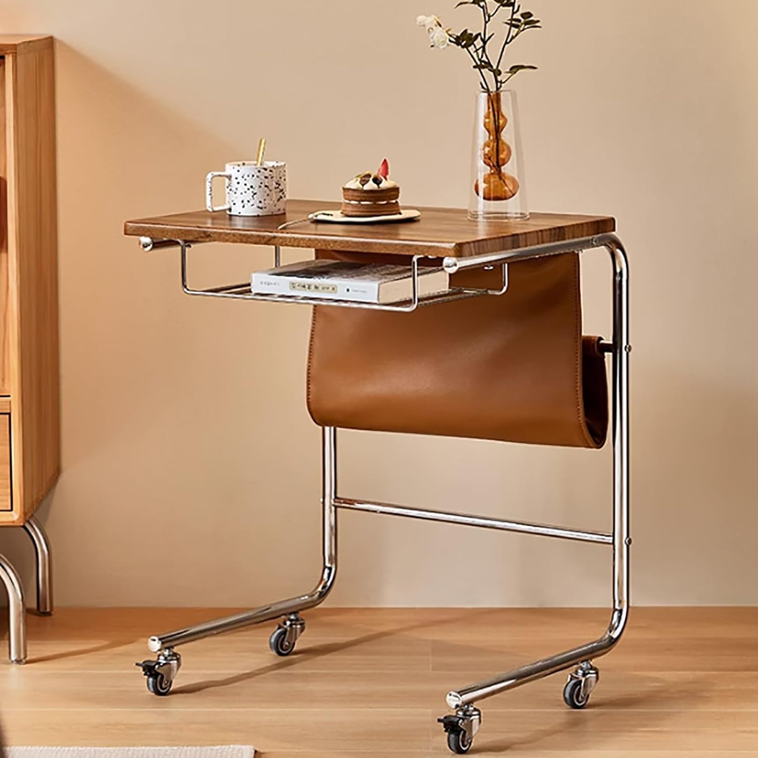 Sofa End Table, C Shaped Sofa Side Table with Wheels (Living Room, Bedroom, Bedside)