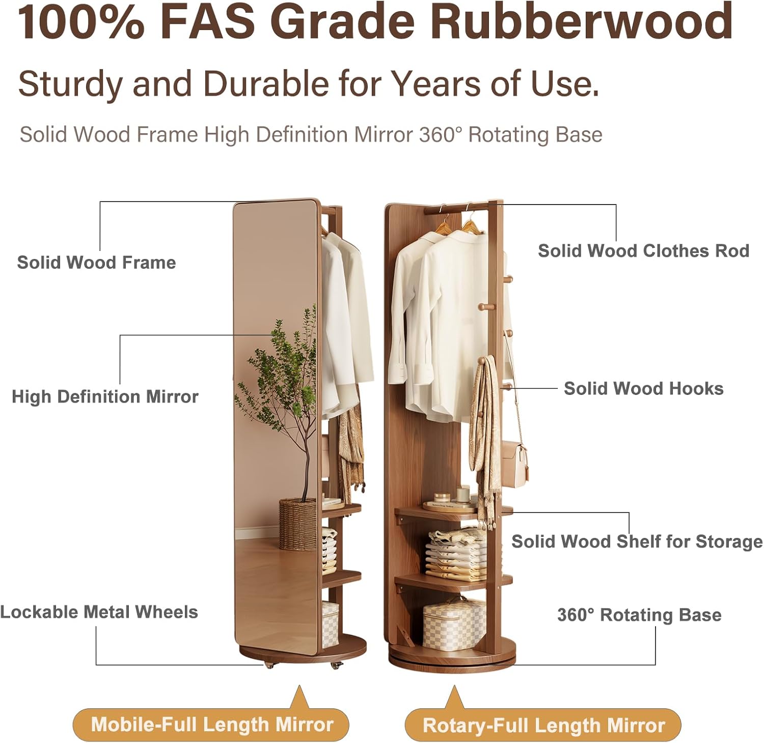 Rotaty Full Length Mirror, Unique Solid Wood Floor Mirror with Coat Rack