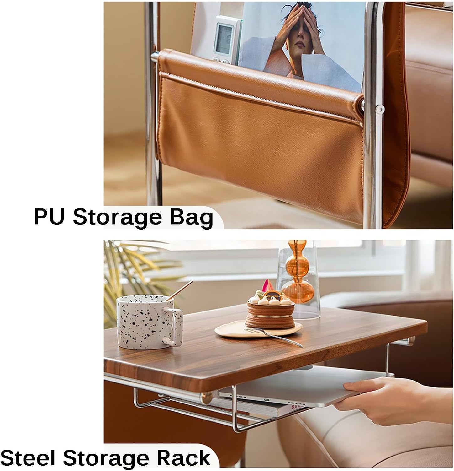 Sofa End Table, C Shaped Sofa Side Table with Wheels (Living Room, Bedroom, Bedside)