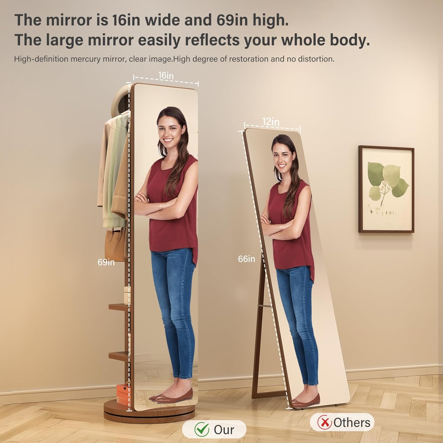Rotaty Full Length Mirror, Unique Solid Wood Floor Mirror with Coat Rack