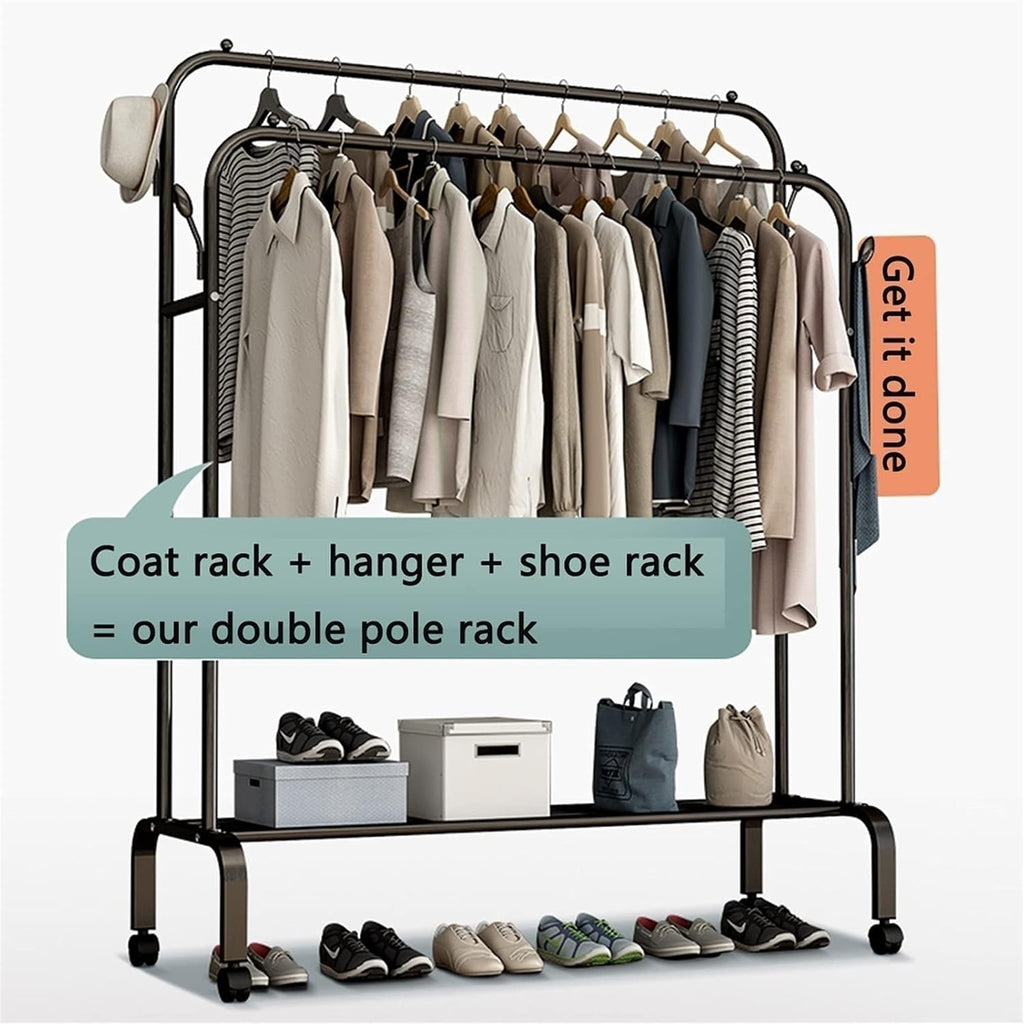 Coat Rack, Freestanding Hanger Rack With Wheels | Metal Double Rods Multi-functional