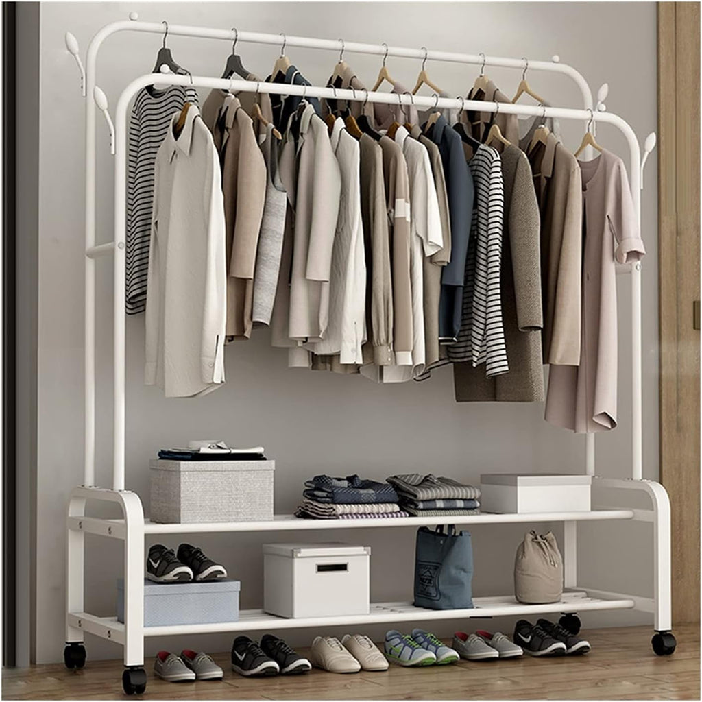 Coat Rack, Freestanding Hanger Rack With Wheels | Metal Double Rods Multi-functional