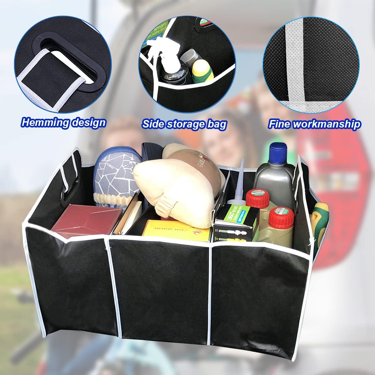 Car Trunk Organizer, Portable Foldable Waterproof Auto Storage Bag with 3 Compartments