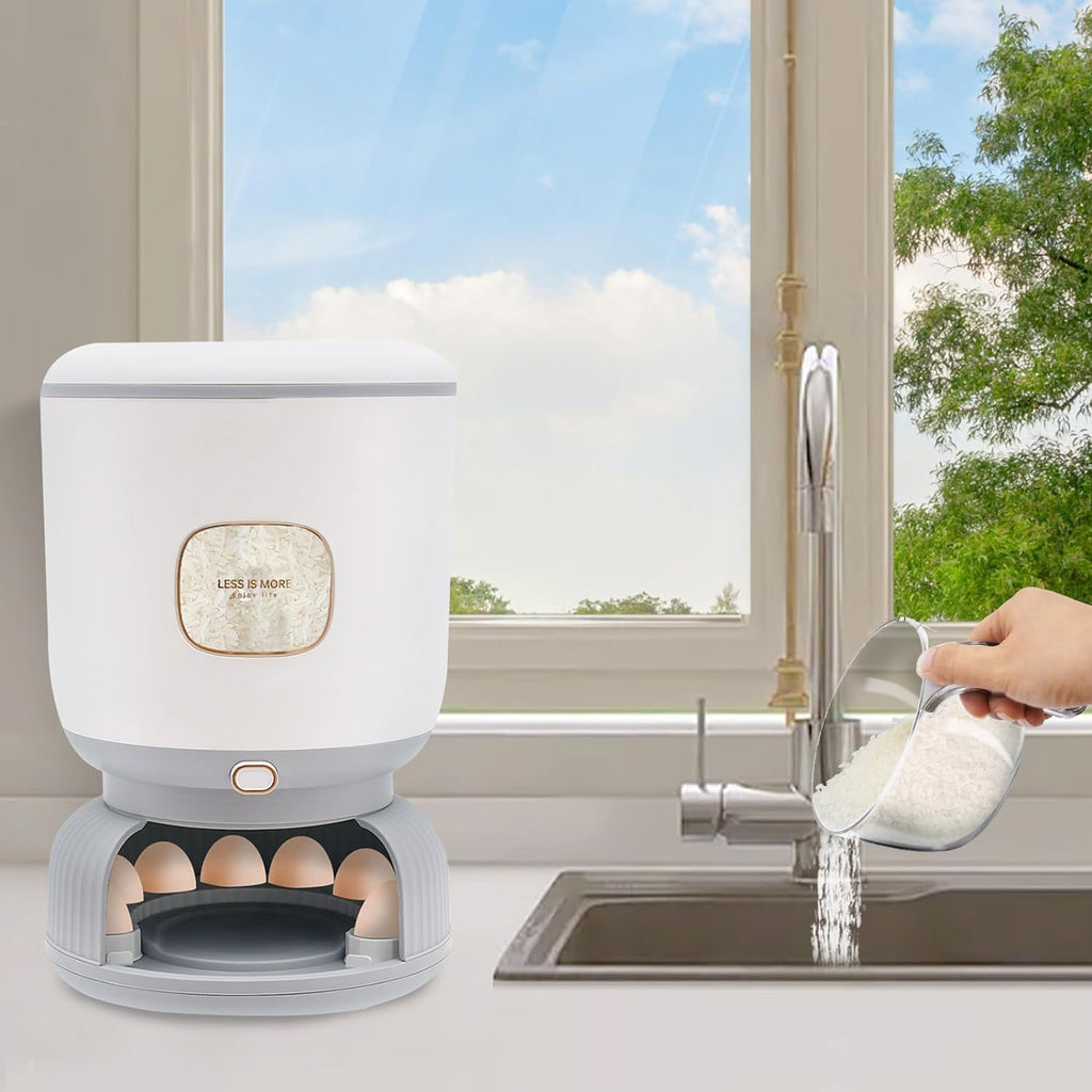 Rice Dispenser 22 Lbs (10Kg) Large Capacity, with Ten Egg Compartments & Measuring Cup