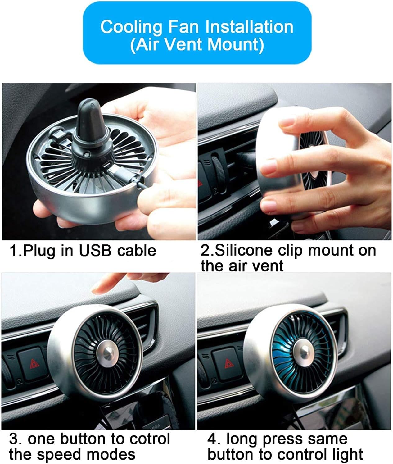 Mini Fan for Car Air Vent Mount with LED Light