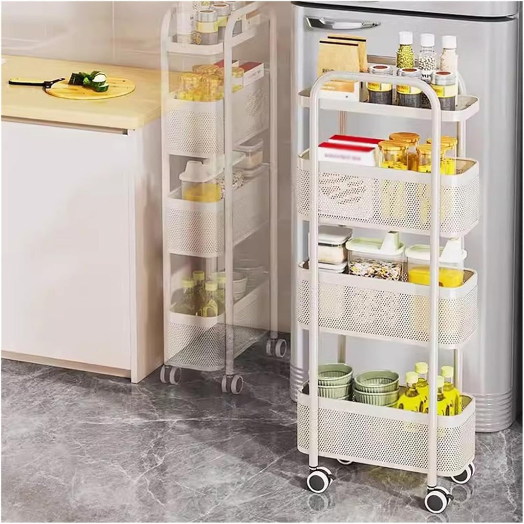 4 Tire Utility Rolling Cart,Kitchen Metal Storage Trolley Cart with Lockable Wheel