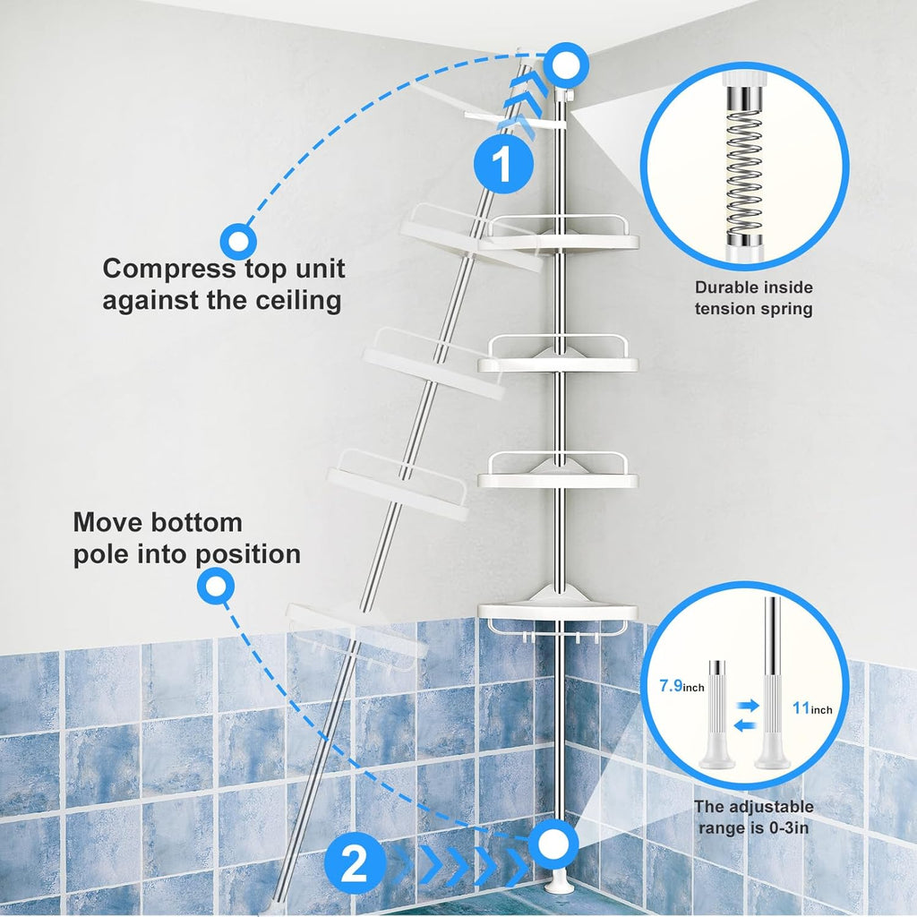 Shower Caddy Corner Tension Pole, Rustproof 4 Tier Adjustable Shower Shelf