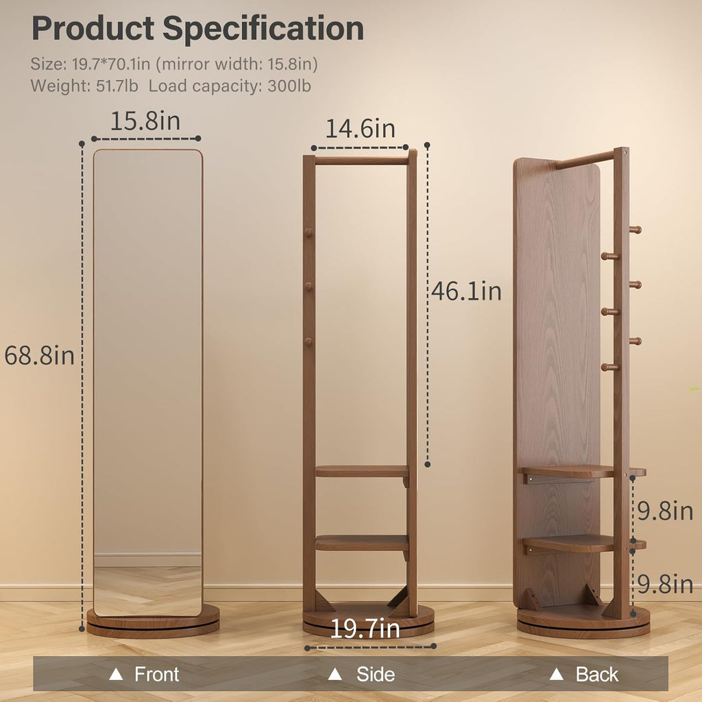 Rotaty Full Length Mirror, Unique Solid Wood Floor Mirror with Coat Rack