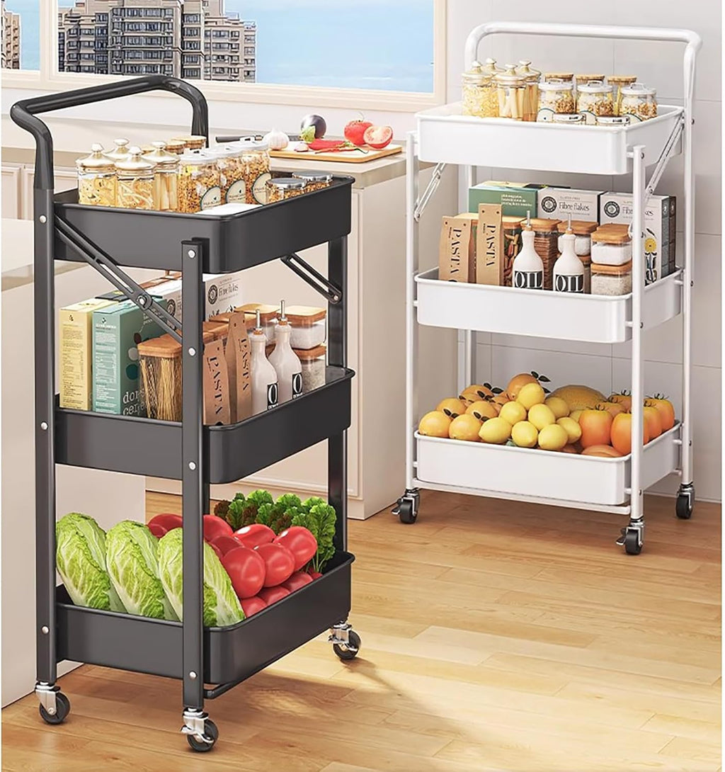 Kitchen Wagon, With Wheels, 3 Tiers, Foldable, Steel Rack