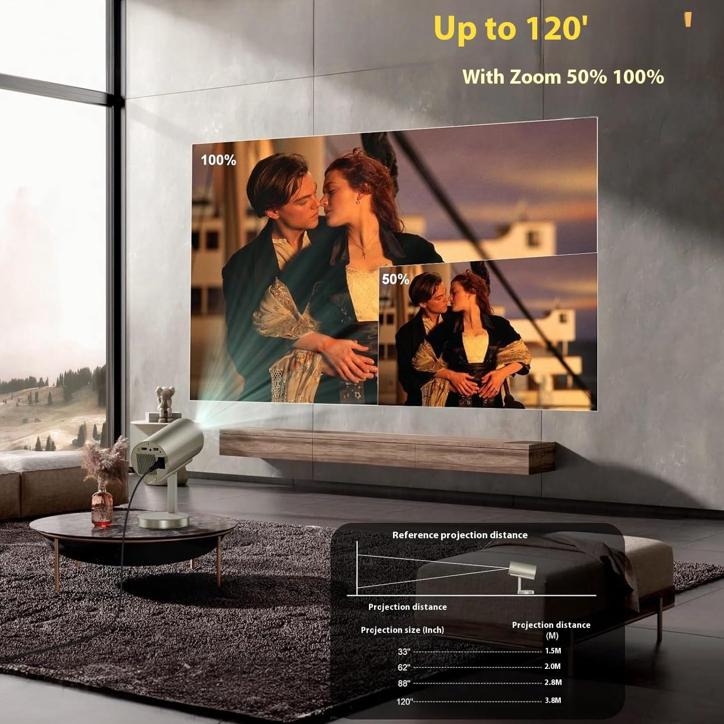 Portable Projector with Support 1080P FHD Integrated 90°Adjustable Stand Height Adjustment Foldable