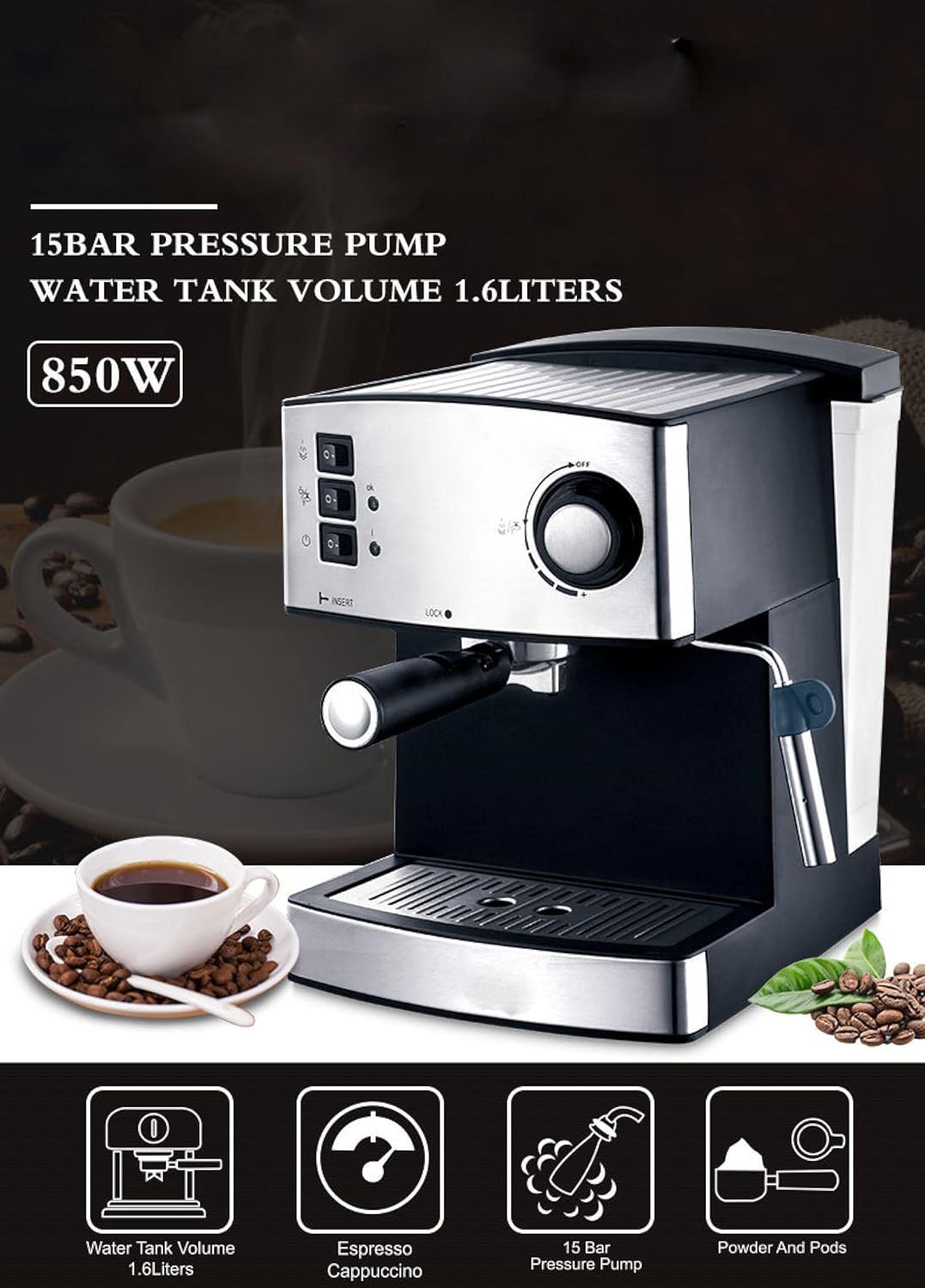 15Bar Steam Espresso Coffee Machine 1.6L | Delivery: 2 to 3 business days | Limited stocks available | Hurry before Sold Out