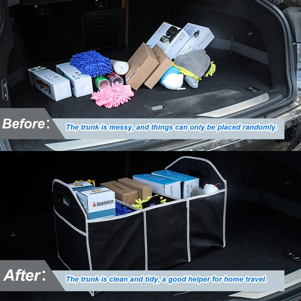 Car Trunk Organizer, Portable Foldable Waterproof Auto Storage Bag with 3 Compartments