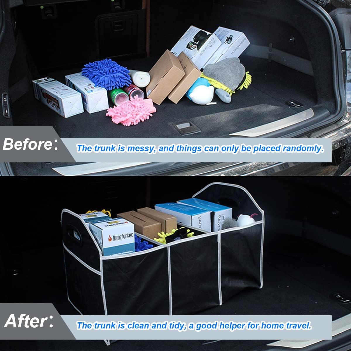 Car Trunk Organizer, Portable Foldable Waterproof Auto Storage Bag with 3 Compartments