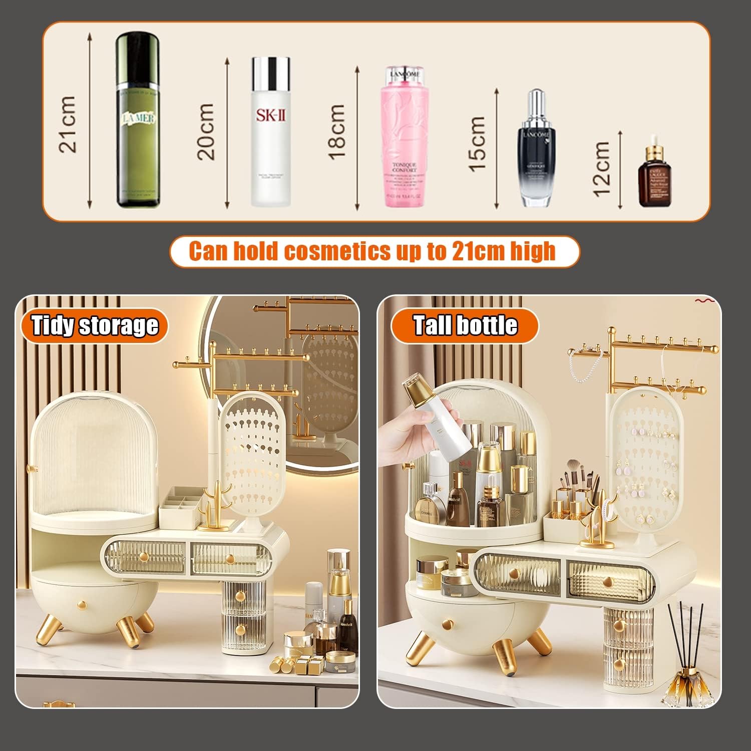 Makeup Organizer with LED Mirror, Large Capacity Cosmetic Storage Display Case