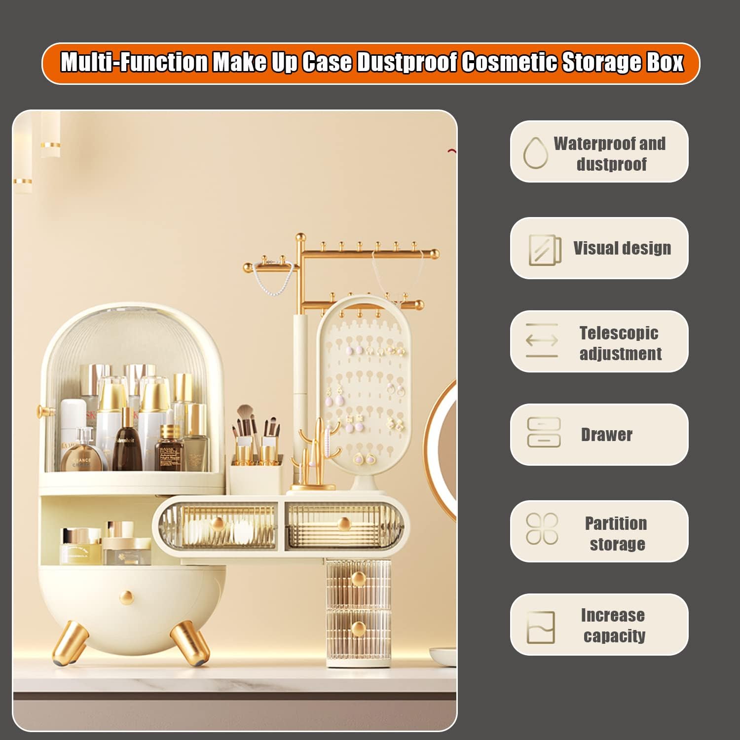 Makeup Organizer with LED Mirror, Large Capacity Cosmetic Storage Display Case