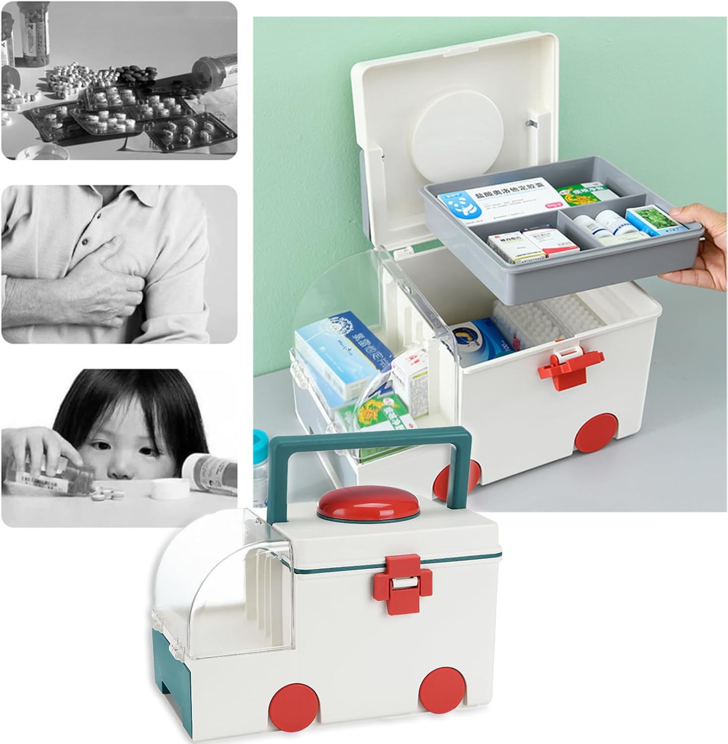 First Aid Kit Medical Storage Box, Family First Aid Box with Removable Pill Case