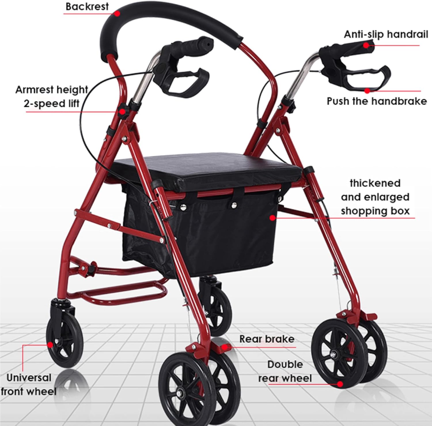 Steel Rollator Walker with Seat – Black Height Adjustable Walkers for Seniors with 6 inch Wheels