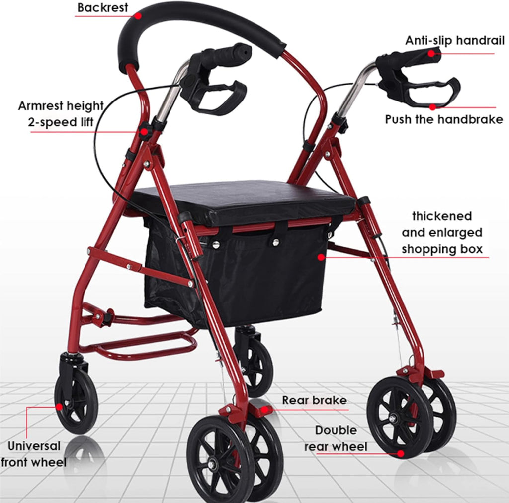 Folding Four Wheel Rollator, Lightweight Mobility Walker with Seat & Carry Bag