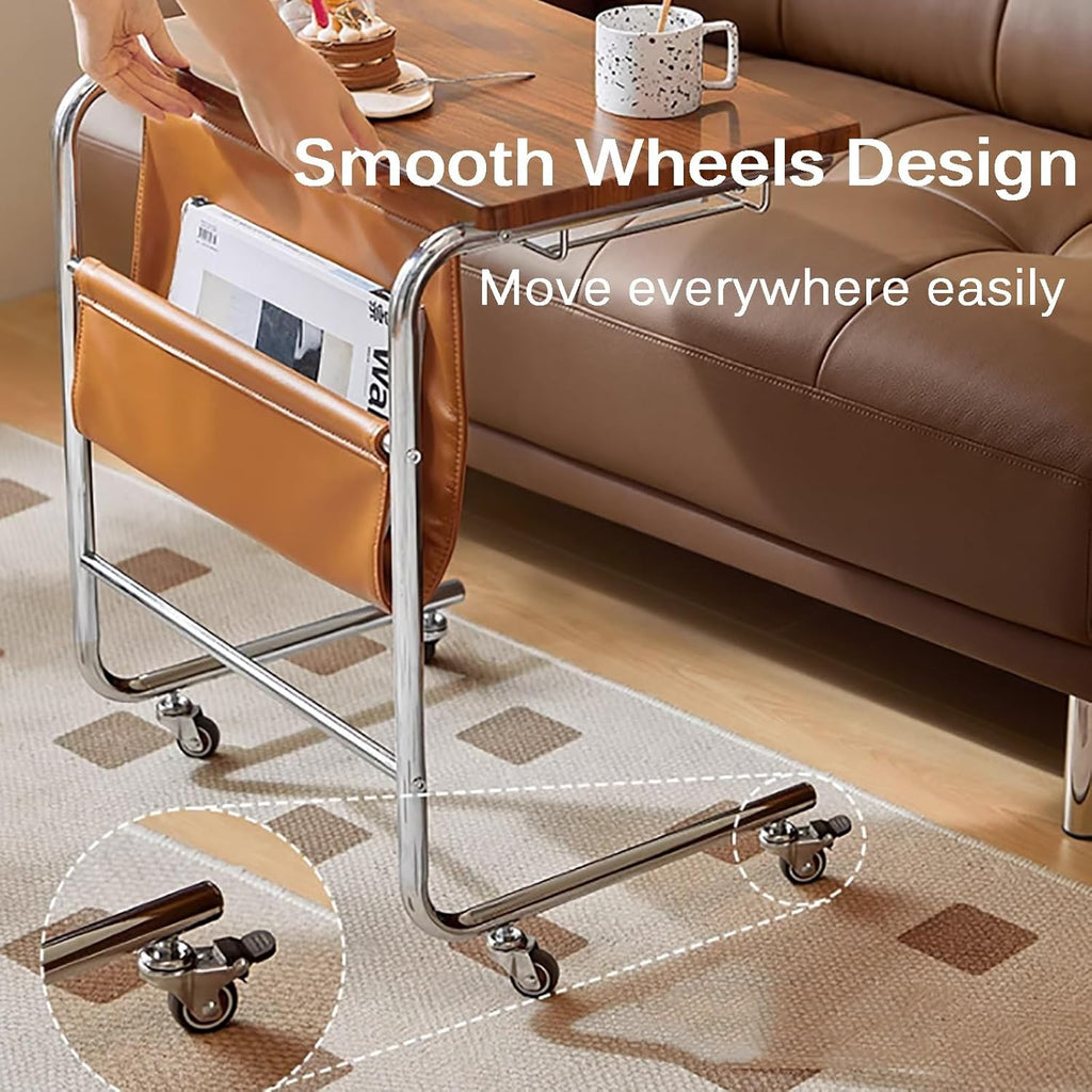 Sofa End Table, C Shaped Sofa Side Table with Wheels (Living Room, Bedroom, Bedside)