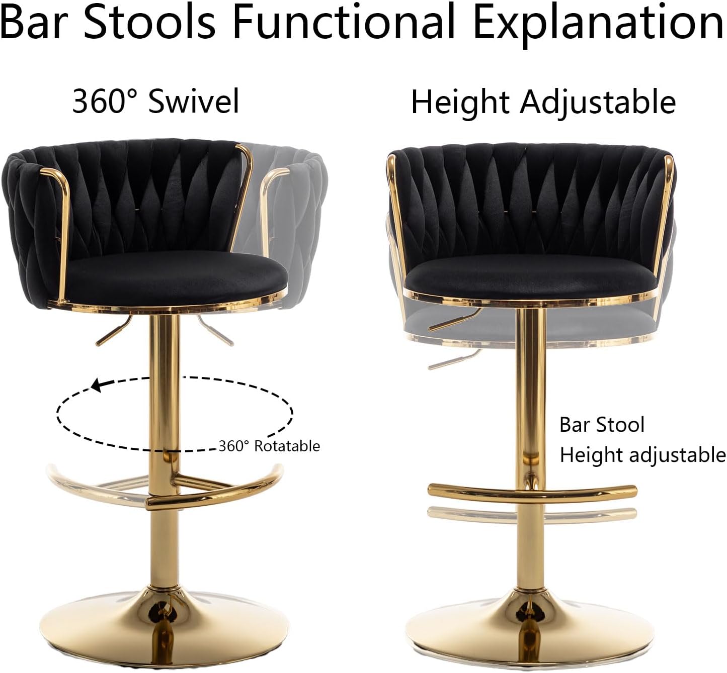 Gold Velvet Bar Stool, Swivel Counter Height Bar Stool with Back