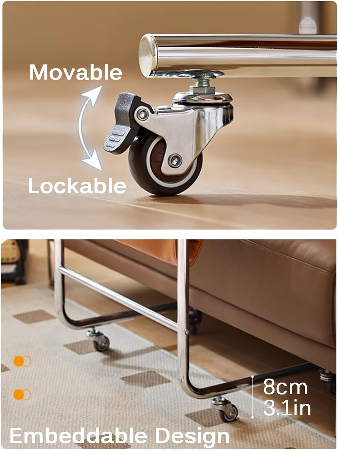 Sofa End Table, C Shaped Sofa Side Table with Wheels (Living Room, Bedroom, Bedside)