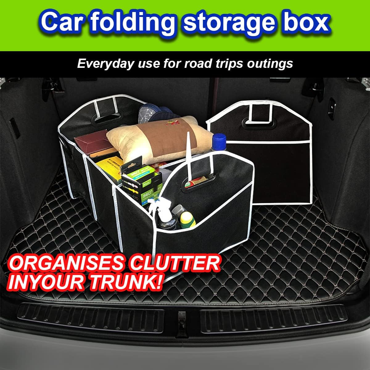 Car Trunk Organizer, Portable Foldable Waterproof Auto Storage Bag with 3 Compartments