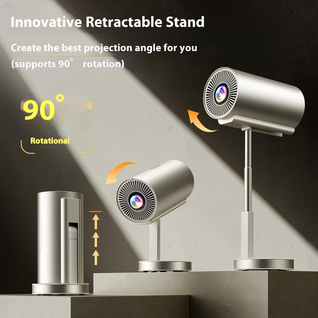 Portable Projector with Support 1080P FHD Integrated 90°Adjustable Stand Height Adjustment Foldable