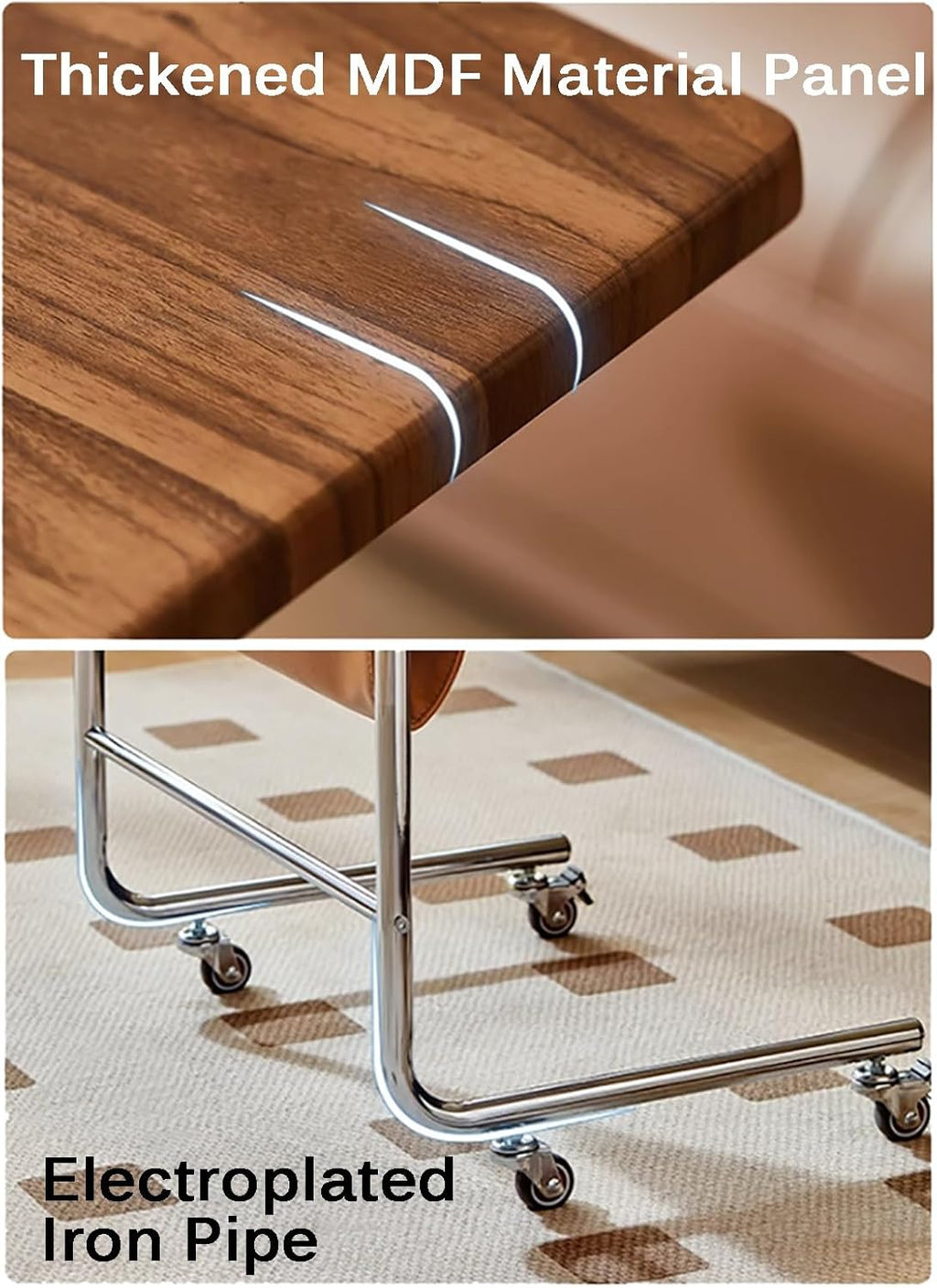 Sofa End Table, C Shaped Sofa Side Table with Wheels (Living Room, Bedroom, Bedside)