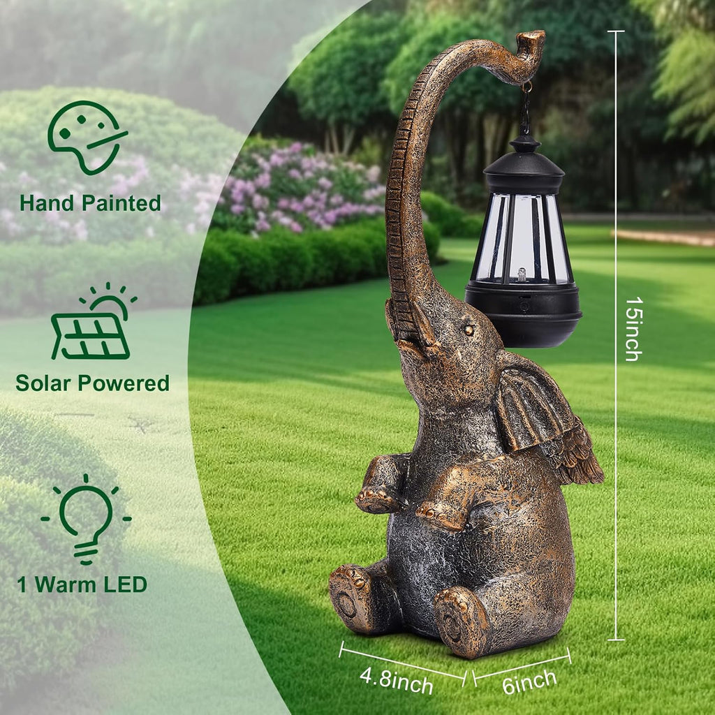 Solar Garden Statue 15'' Elephant Figurine Outdoor Decor LED Lights for Outside