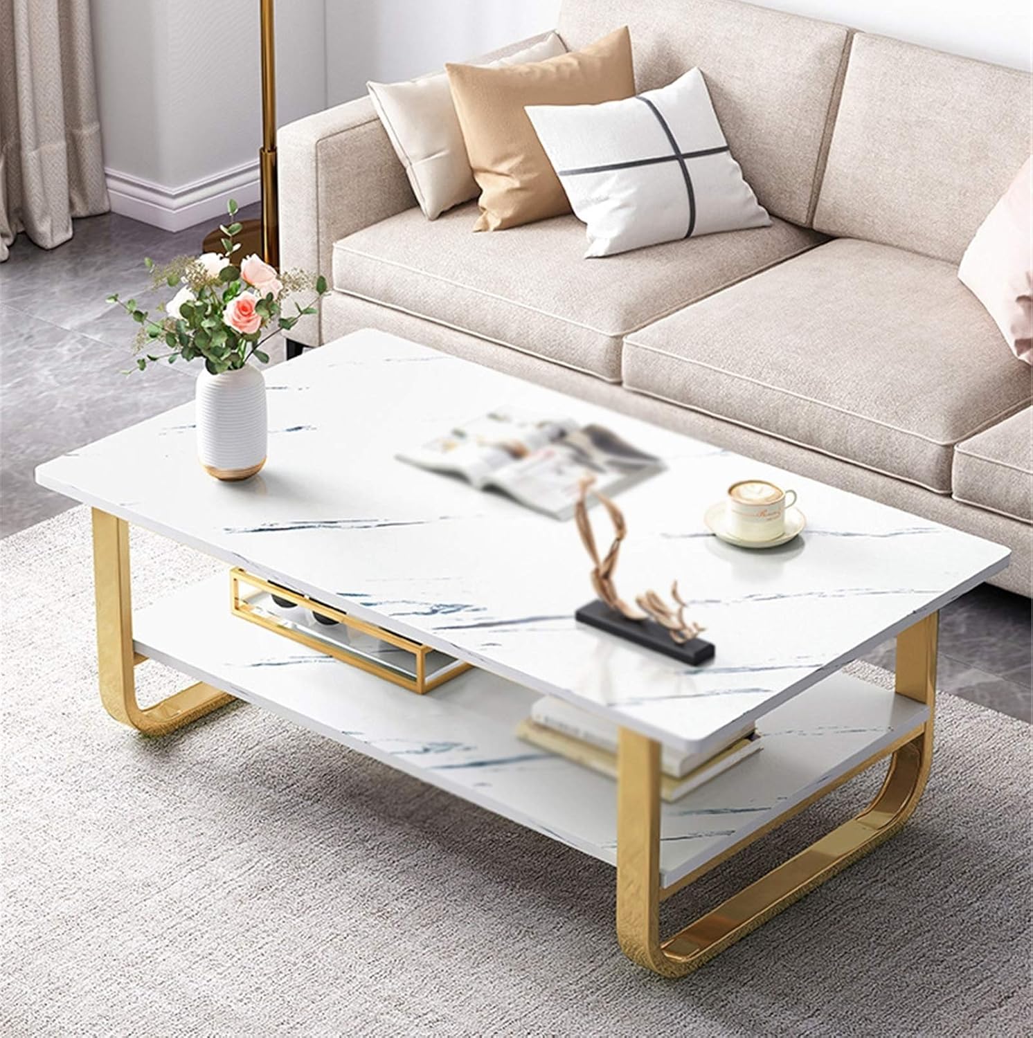 2-Tier Coffee Table Center Marble Veneer Wood Coffee Table