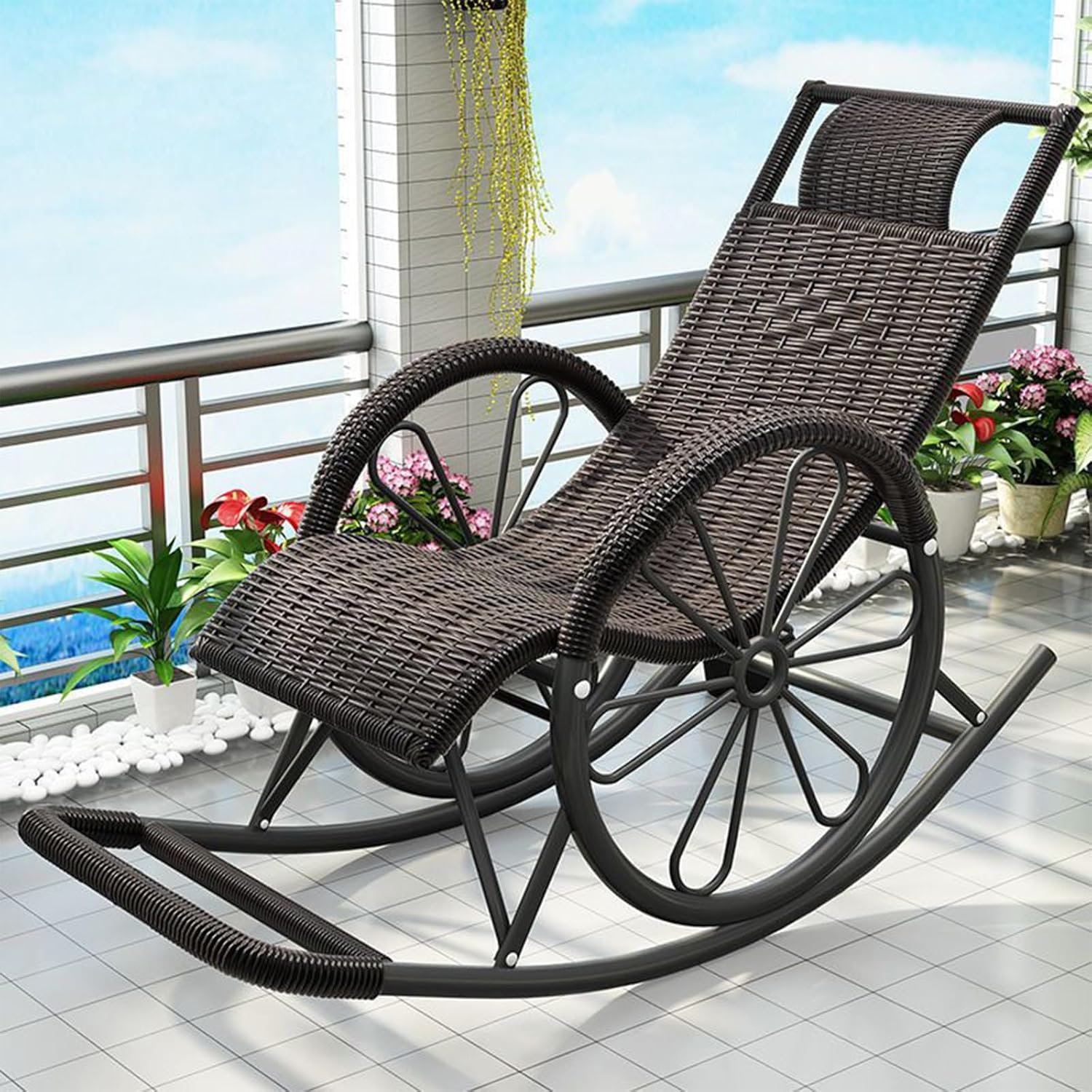 Outdoor rocking chair, high back rattan patio rocking chair