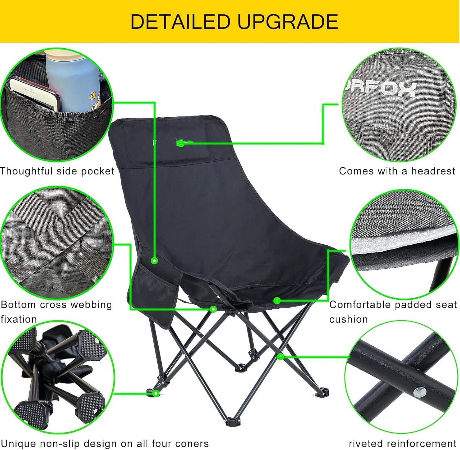 Portable Folding Camping Chair with High Back Upholstered Side Pocket Headrest