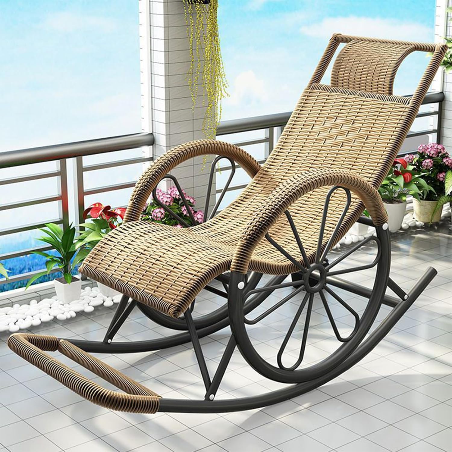 Outdoor rocking chair, high back rattan patio rocking chair
