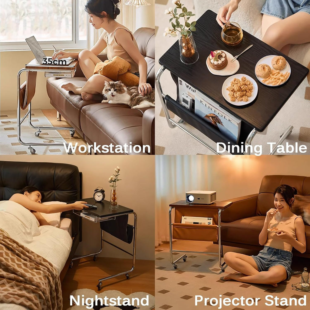 Sofa End Table, C Shaped Sofa Side Table with Wheels (Living Room, Bedroom, Bedside)