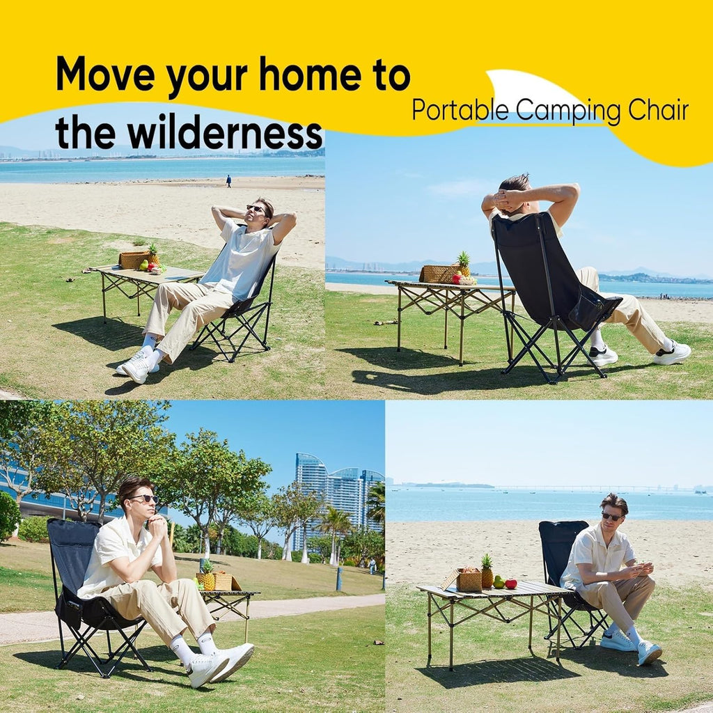 Portable Folding Camping Chair with High Back Upholstered Side Pocket Headrest