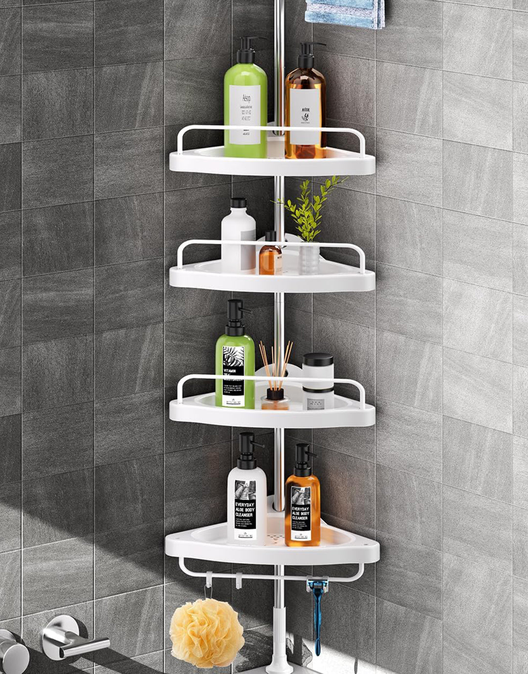 Shower Caddy Corner Tension Pole, Rustproof 4 Tier Adjustable Shower Shelf
