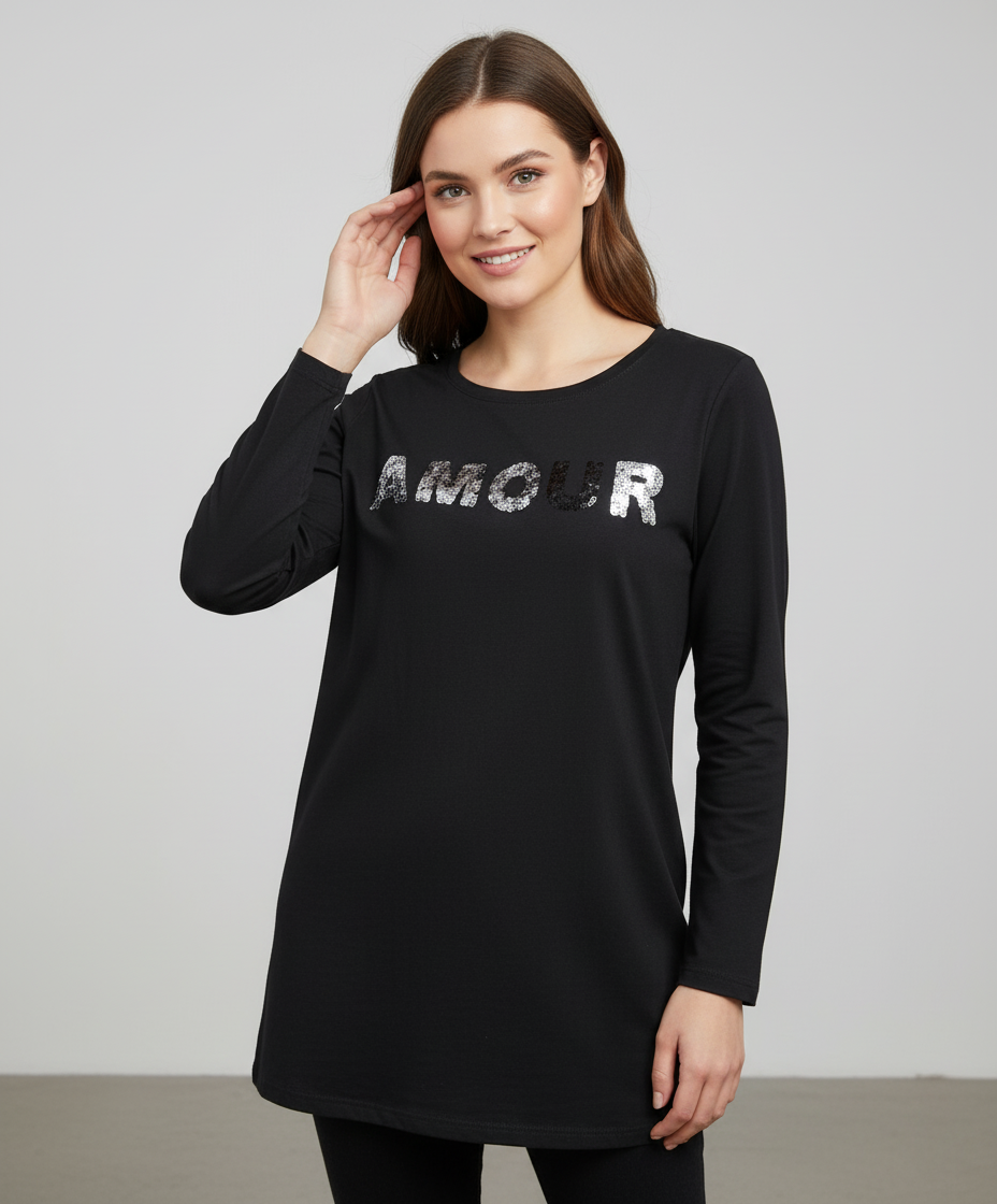 Ukay Find! Black "Amour" Sequin Long Sleeve Top